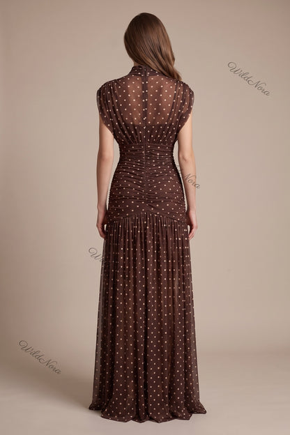 Dark Brown Polka Dot Sheer Mesh Mermaid Dress with Dropped Waist dark brown sheer mesh dress - product view 3
