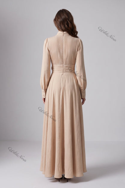 Beige Textured Linen-Blend A-Line Maxi Dress with Gold Brooch beige textured linen-blend maxi dress - product view 3