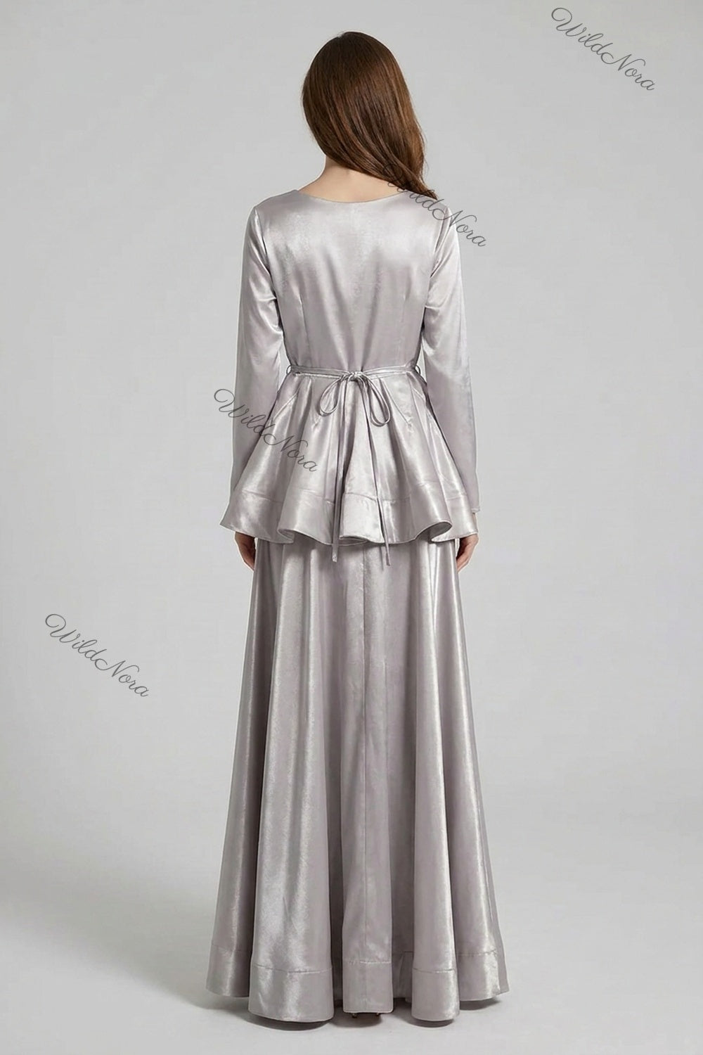 Silver Satin Peplum Top with Flared Maxi Skirt Two-Piece Set silver satin two-piece set - product view 3
