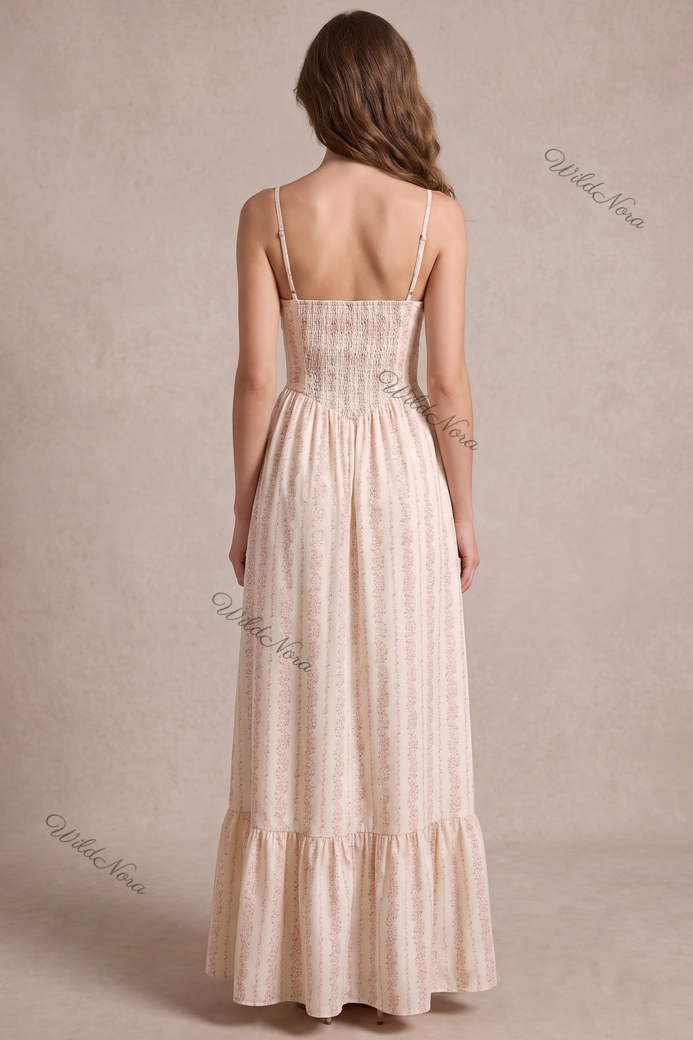 Cream Ditsy Floral Maxi Dress with Smocked Bodice cream, off-white lightweight woven cotton-blend maxi dress - product view 3
