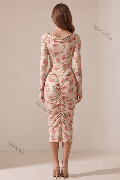 Pale Pink Floral Bodycon Sheath Dress pale pink, beige stretch jersey knit dress - product view 3
