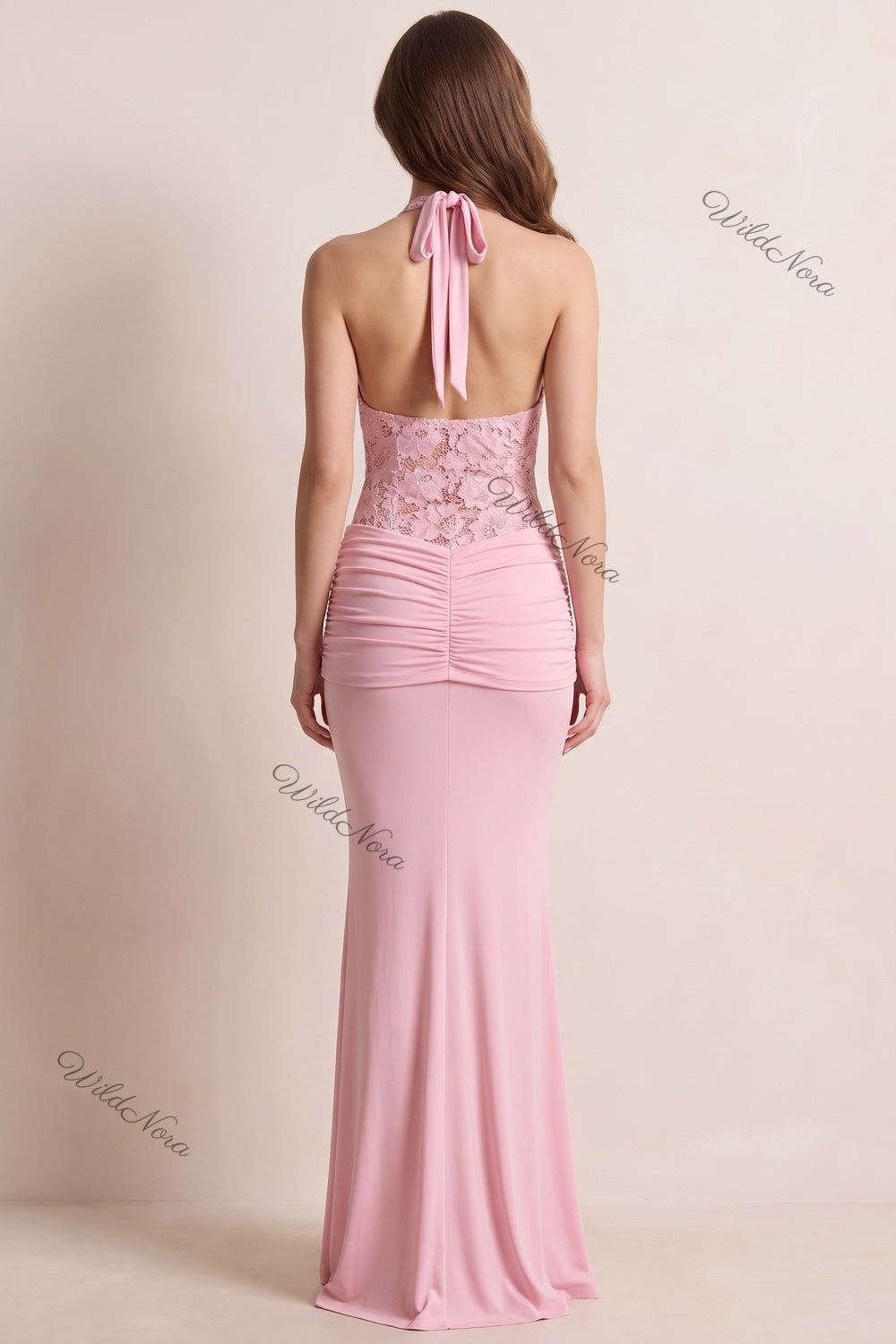 Light Pink Stretch Jersey Mermaid Gown with Floral Lace Bodice light pink stretch jersey gown - product view 3