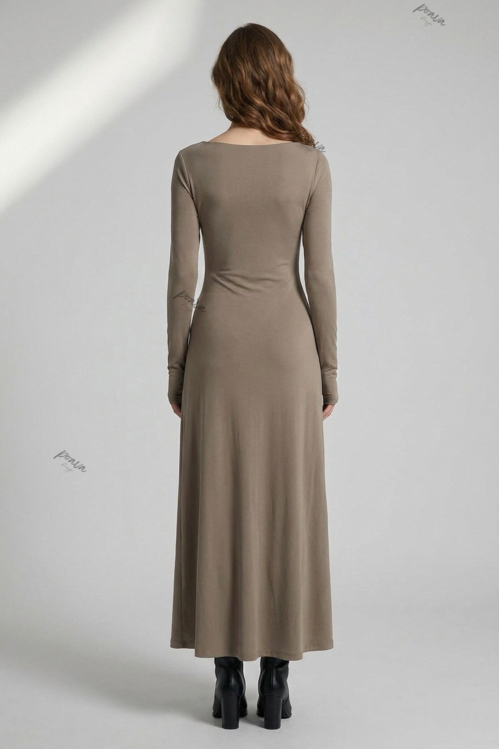 Taupe Stretch Jersey Knit Slim-Fit Bodice with Draped Skirt Maxi Dress taupe, milk tea brown stretch jersey knit maxi dress - product view 3