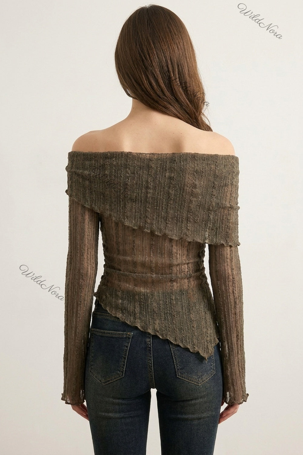 Olive Brown Sheer Knit Off-Shoulder Top with Flared Bell Sleeves olive brown sheer textured knit top - product view 3
