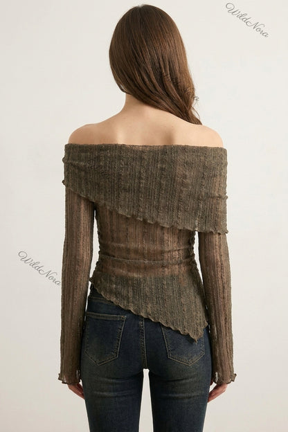 Olive Brown Sheer Knit Off-Shoulder Top with Flared Bell Sleeves olive brown sheer textured knit top - product view 3