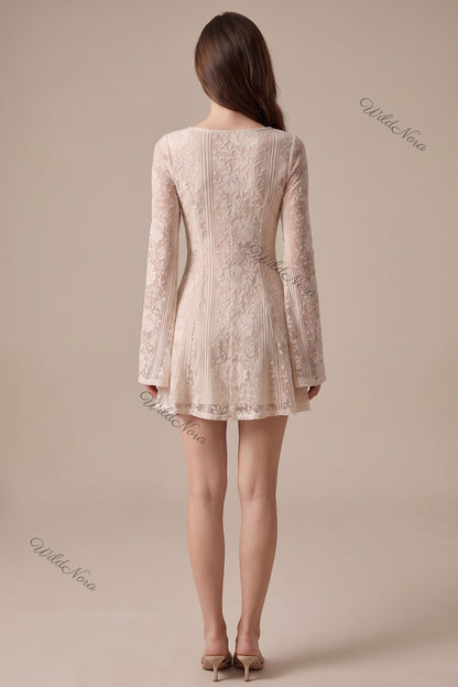 Beige Floral Lace Overlay Fit-and-Flare Mini Dress beige, cream floral lace overlay mini dress - product view 2