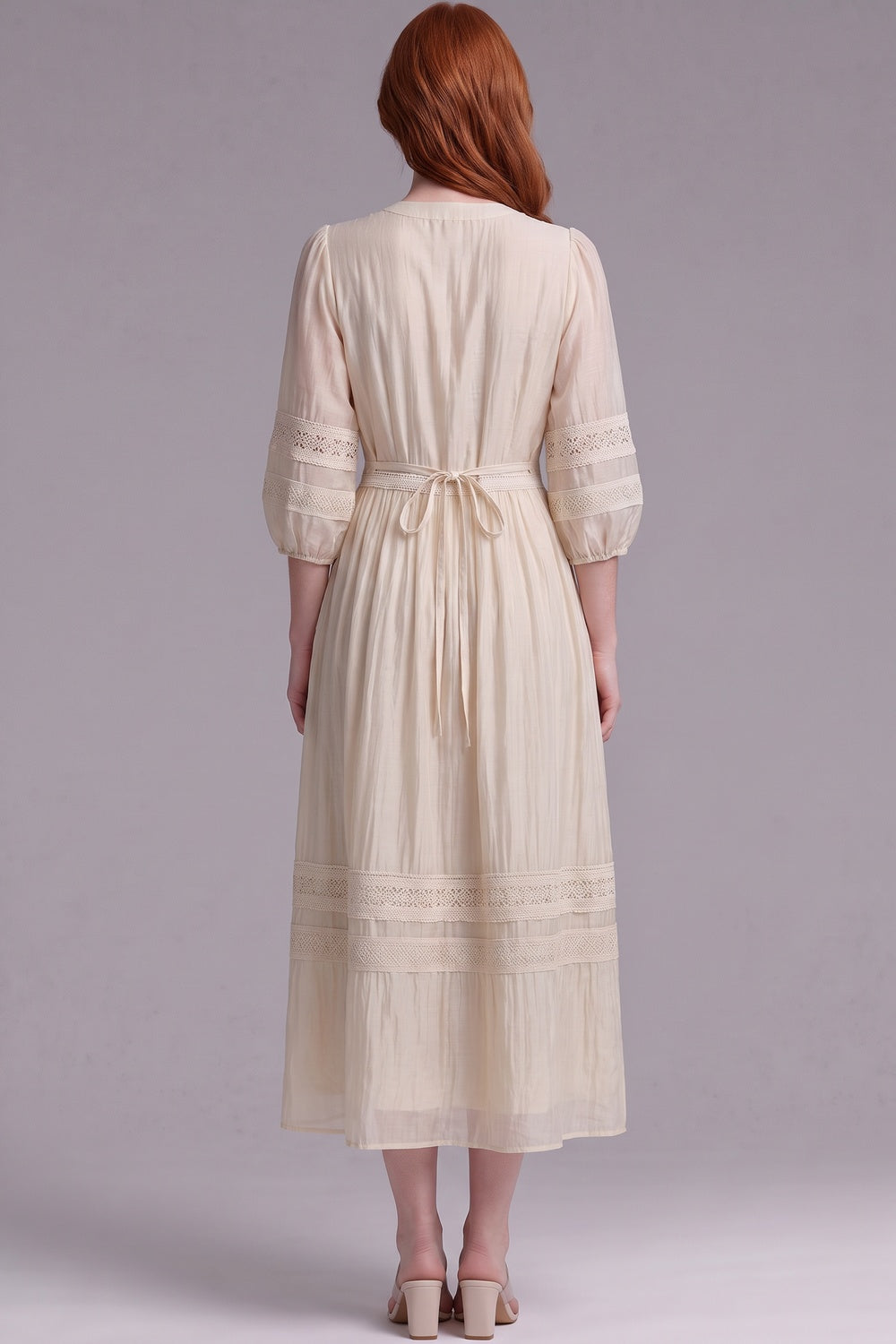 Cream A-Line Midi Dress with Lace Inserts cream, light beige lightweight semi-sheer woven dress - product view 3