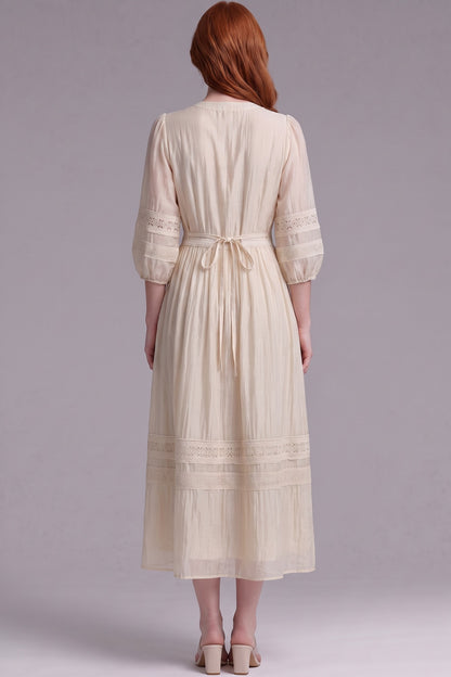Cream A-Line Midi Dress with Lace Inserts cream, light beige lightweight semi-sheer woven dress - product view 3