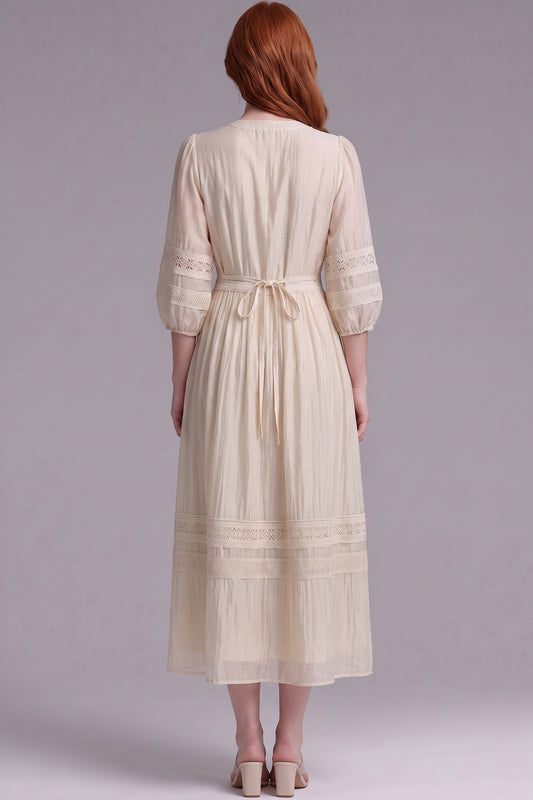 Cream A-Line Midi Dress with Lace Inserts cream, light beige lightweight semi-sheer woven dress - product view 3
