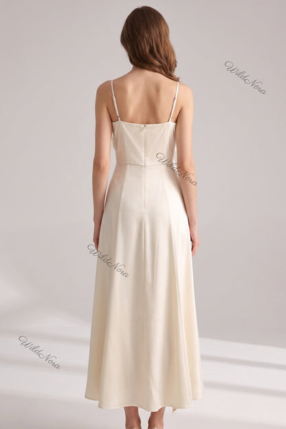 Cream Satin A-Line Slip Dress with 3D Rose Detail cream, off-white satin dress - product view 3