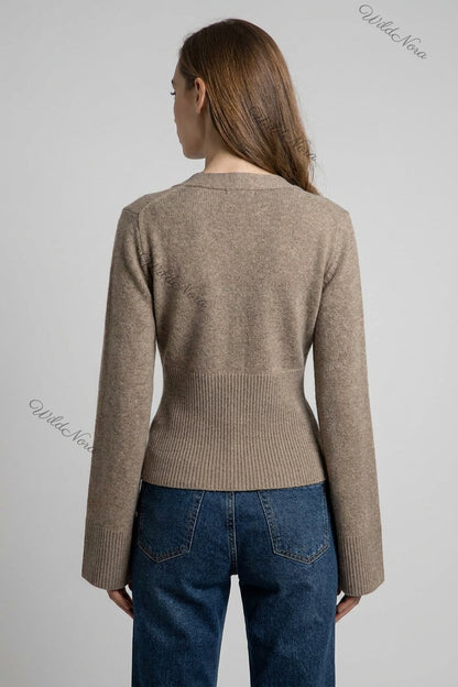 Taupe Fine-Knit Wool or Cashmere Blend Cardigan with Bell Sleeves taupe, melange beige fine knit wool or cashmere blend cardigan - product view 3