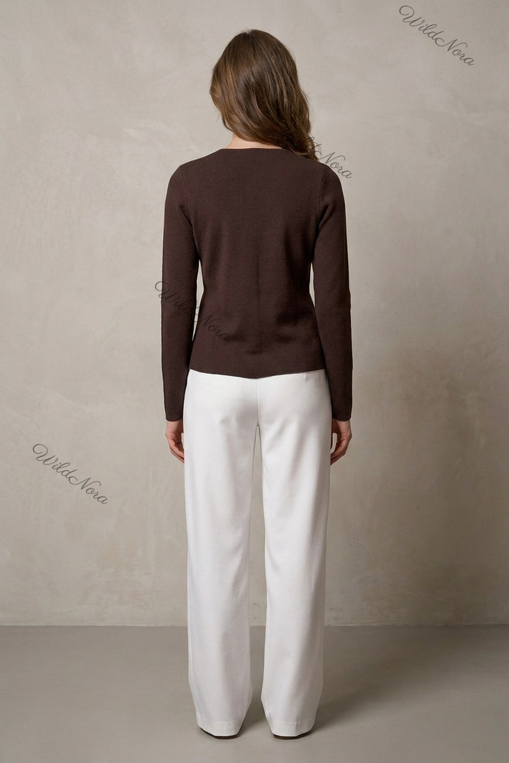Dark Brown Fine-Gauge Knit Cardigan Jacket with Textured Gold Buttons dark brown fine-gauge knit cardigan jacket - product view 3