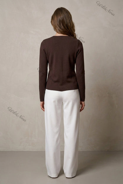 Dark Brown Fine-Gauge Knit Cardigan Jacket with Textured Gold Buttons dark brown fine-gauge knit cardigan jacket - product view 3