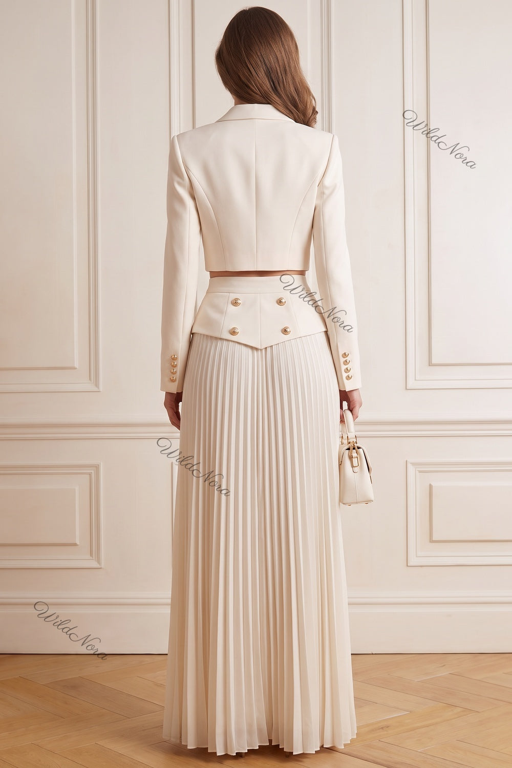 Off-White Two-Piece Set - Structured Cropped Blazer with Pleated Maxi Skirt Off-white, Cream Structured crepe suiting fabric Two-piece set (cropped blazer and maxi skirt) - product view 3