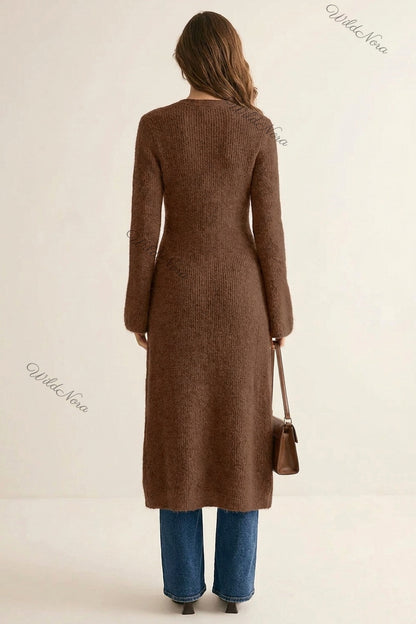 Chocolate Brown Ribbed Knit Longline Cardigan with Bell Sleeves chocolate brown ribbed knit longline cardigan - product view 3