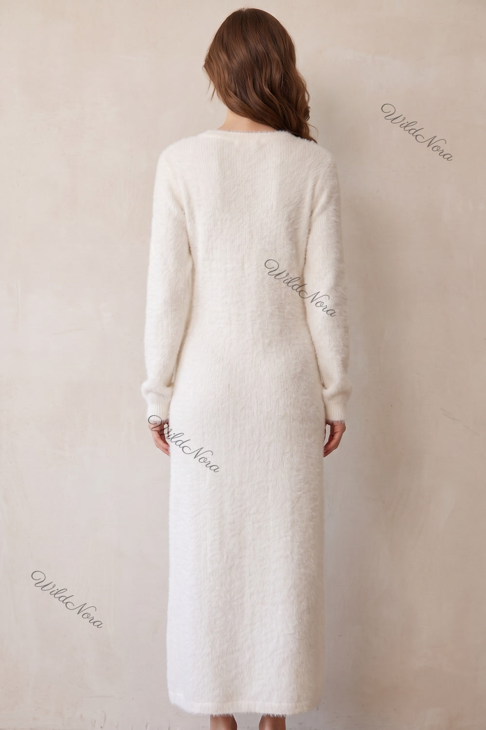 Off-White Fuzzy Eyelash Knit Column with Side Slit Sweater Dress off-white fuzzy eyelash knit sweater dress - product view 3