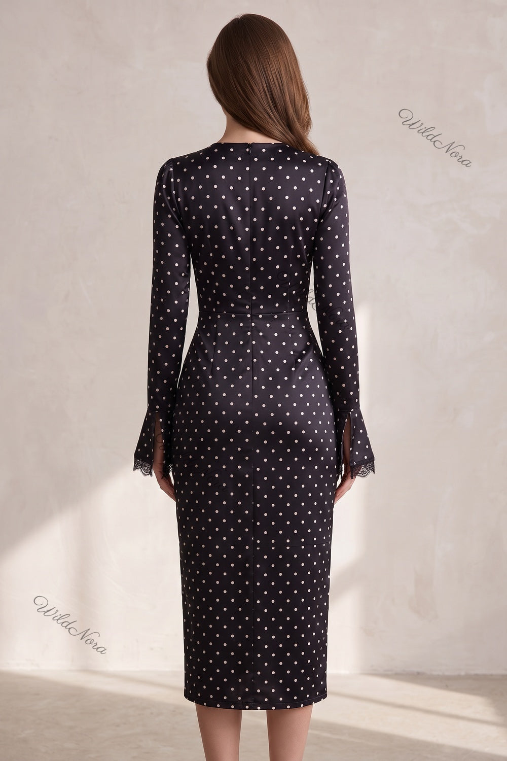Black Satin Polka Dot Fitted Sheath Dress with Lace Trim black satin dress - product view 3