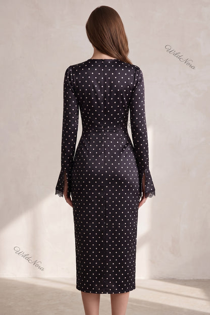 Black Satin Polka Dot Fitted Sheath Dress with Lace Trim black satin dress - product view 3