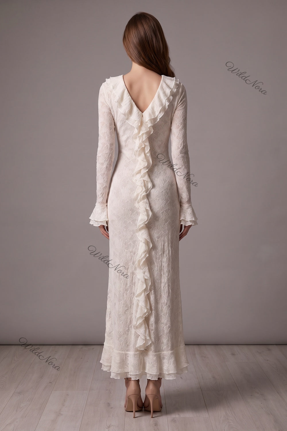 Off-White Semi-Sheer Textured Lace Slim-Fit Column Maxi Dress with Front Slit off-white semi-sheer textured lace maxi dress - product view 3