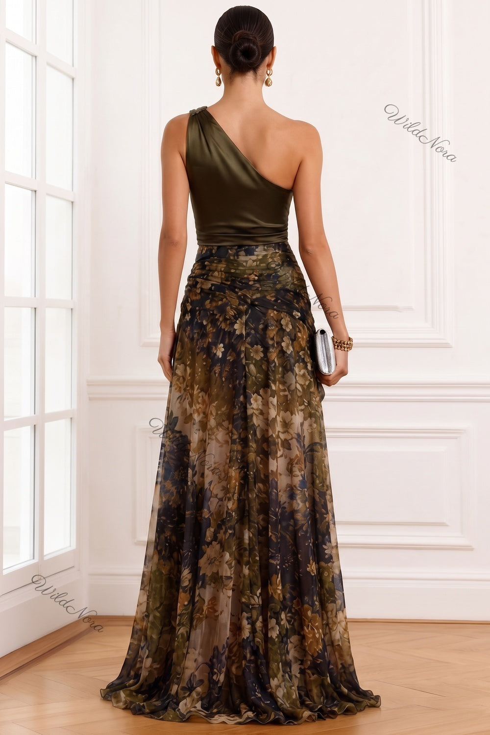 Olive Green Satin Asymmetrical A-Line Evening Gown with High Slit olive green, dark brown, black satin evening gown - product view 2