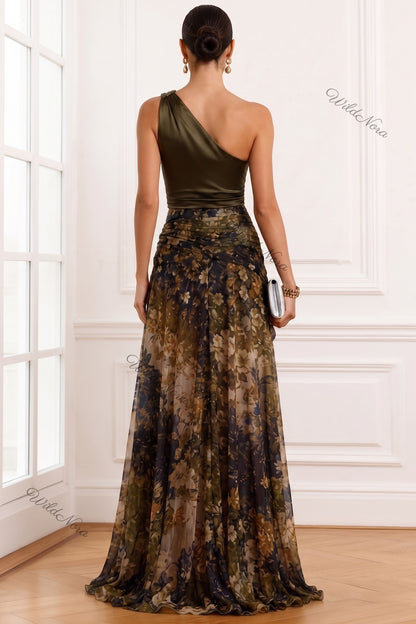 Olive Green Satin Asymmetrical A-Line Evening Gown with High Slit olive green, dark brown, black satin evening gown - product view 2