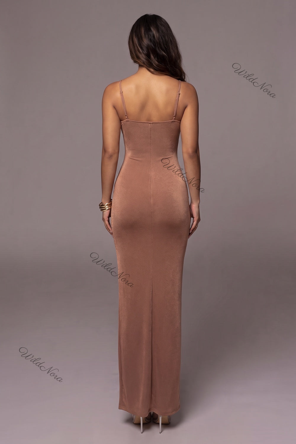 Bronze Brown Stretch Jersey Bodycon Maxi Dress with Front Rosette and Ruffle Detail bronze brown stretch jersey maxi dress - product view 3