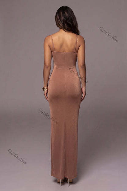Bronze Brown Stretch Jersey Bodycon Maxi Dress with Front Rosette and Ruffle Detail bronze brown stretch jersey maxi dress - product view 3