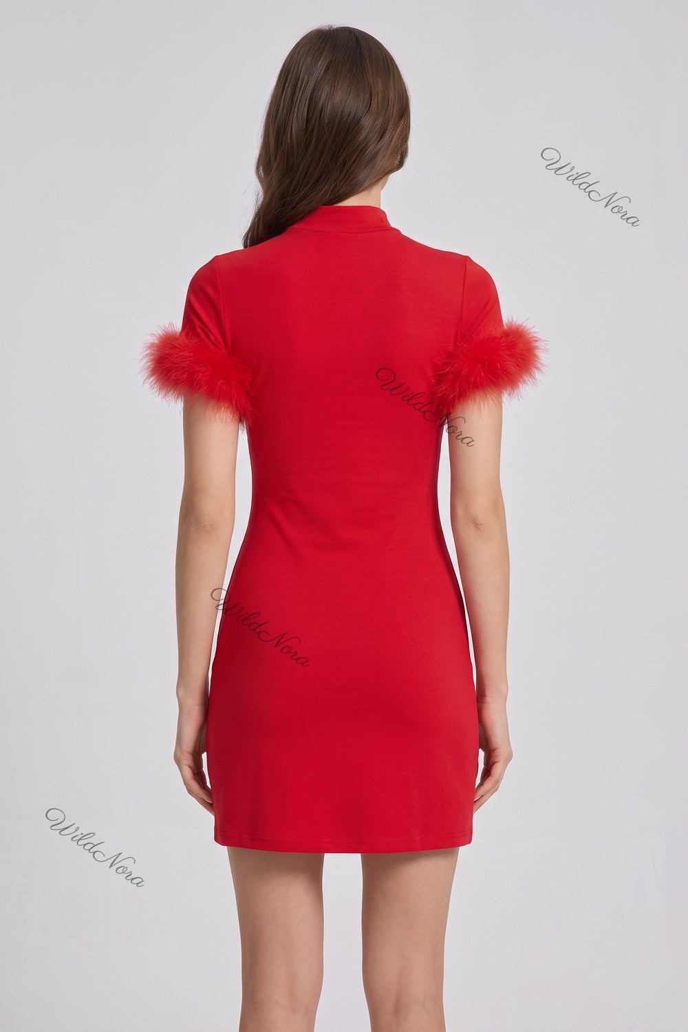 Red Stretch Knit Jersey Bodycon Mini Dress with Feather Trim red stretch knit jersey dress - product view 3