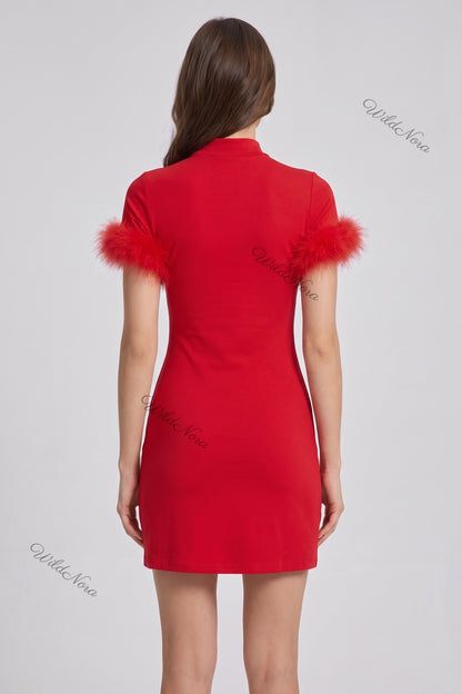 Red Stretch Knit Jersey Bodycon Mini Dress with Feather Trim red stretch knit jersey dress - product view 3