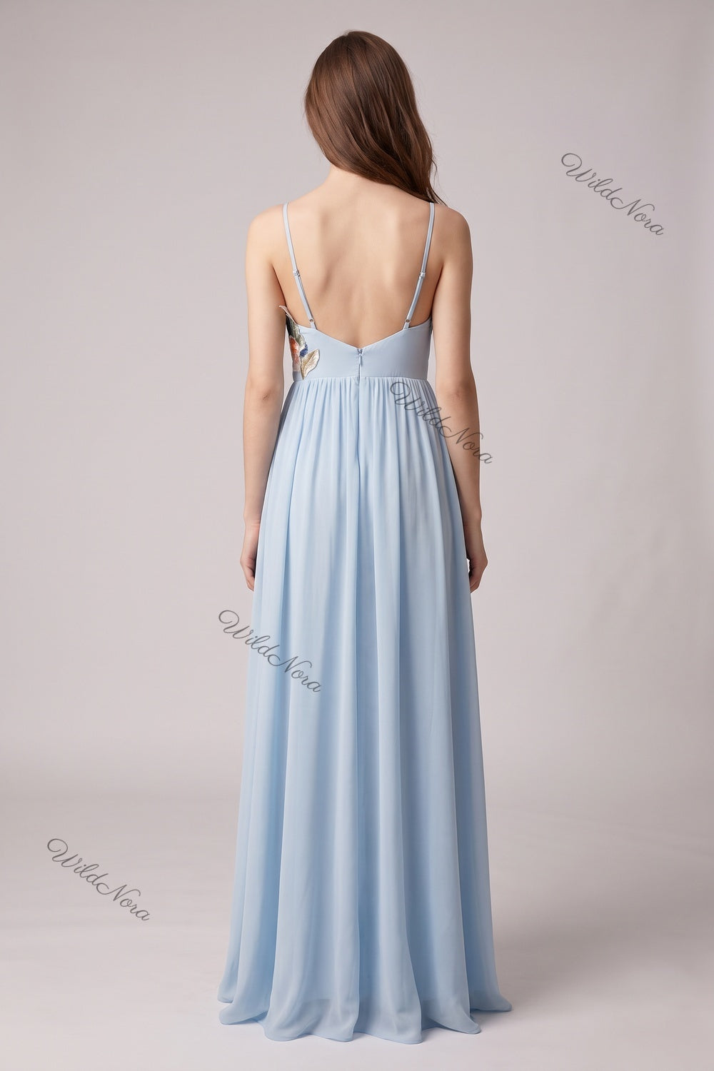 Light Blue Chiffon A-Line Maxi Dress with Floral Applique light blue chiffon dress - product view 3
