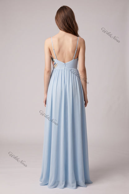 Light Blue Chiffon A-Line Maxi Dress with Floral Applique light blue chiffon dress - product view 3