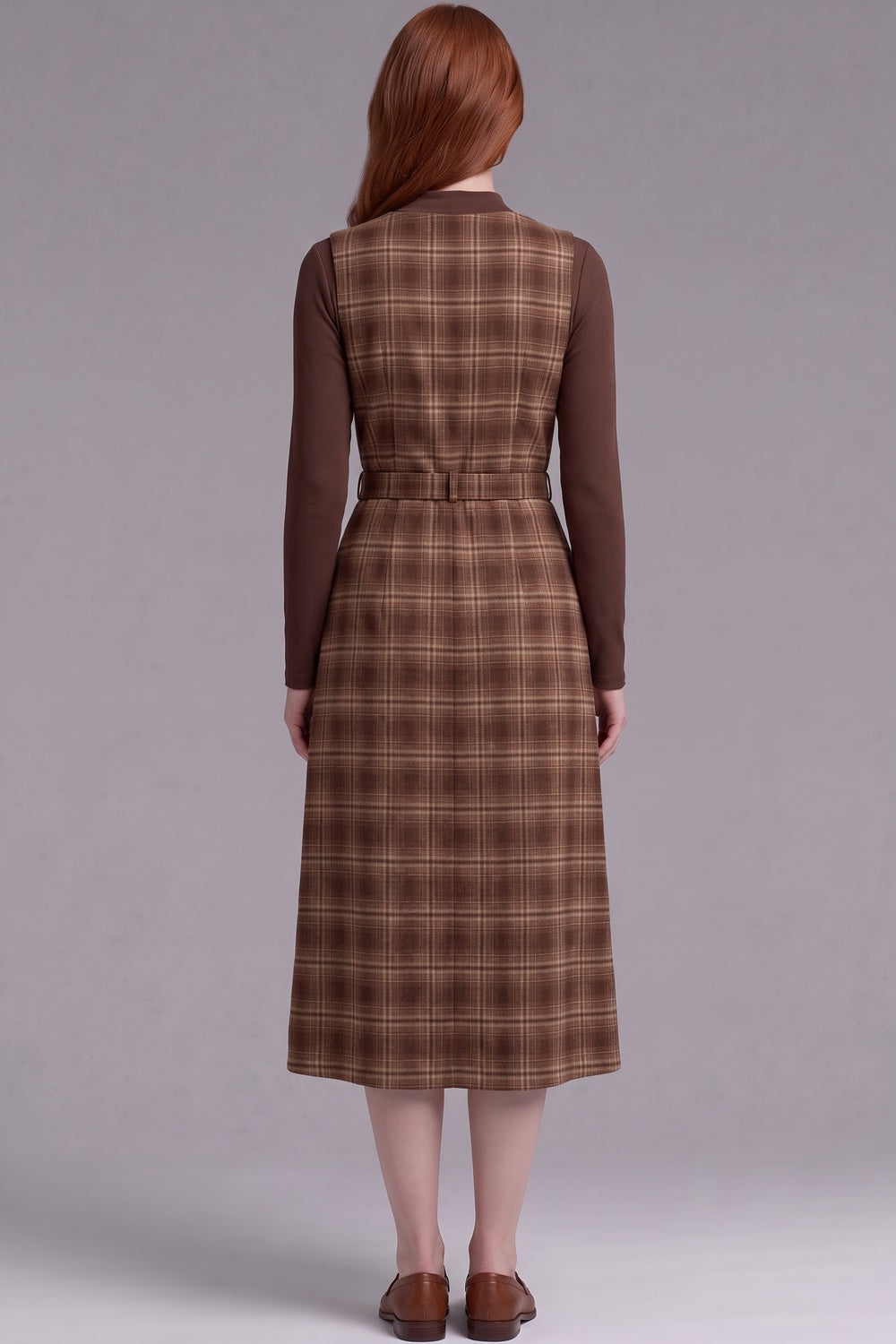 Brown Plaid Two-Piece Layered Dress Set with Belt Brown, Tan Woven plaid fabric Two-piece layered dress set - product view 3