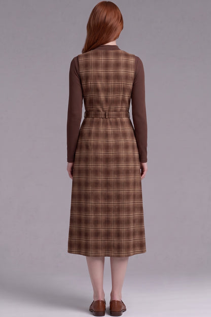 Brown Plaid Two-Piece Layered Dress Set with Belt Brown, Tan Woven plaid fabric Two-piece layered dress set - product view 3