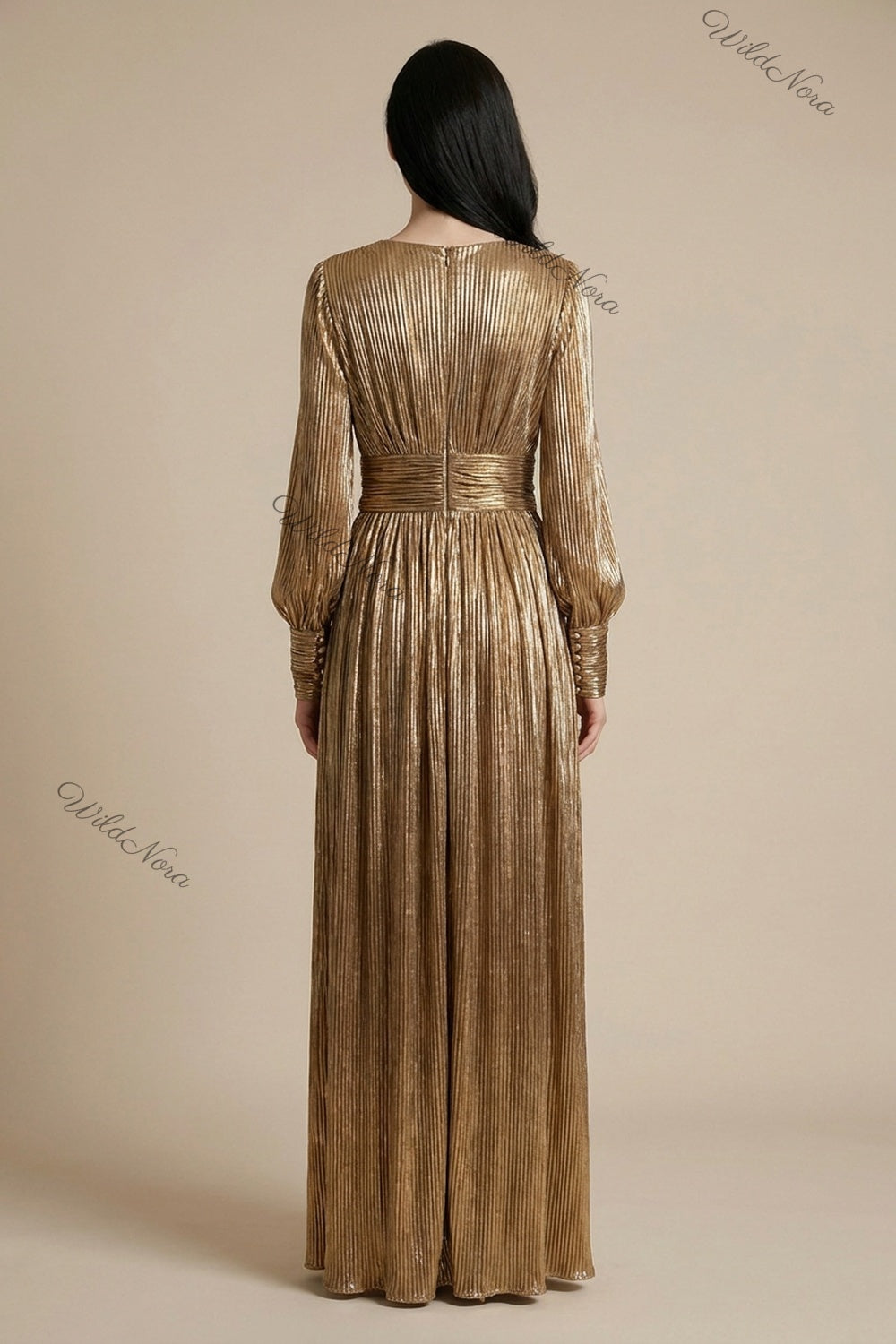Gold Metallic Plissé A-Line Maxi Dress gold, bronze metallic plissé maxi dress - product view 3