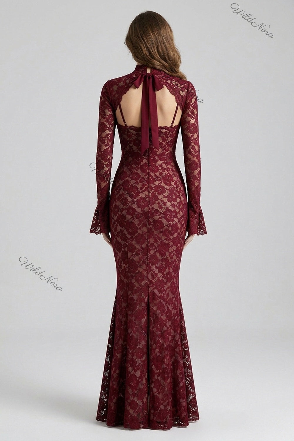Burgundy Floral Lace Mermaid Gown burgundy floral lace gown - product view 3