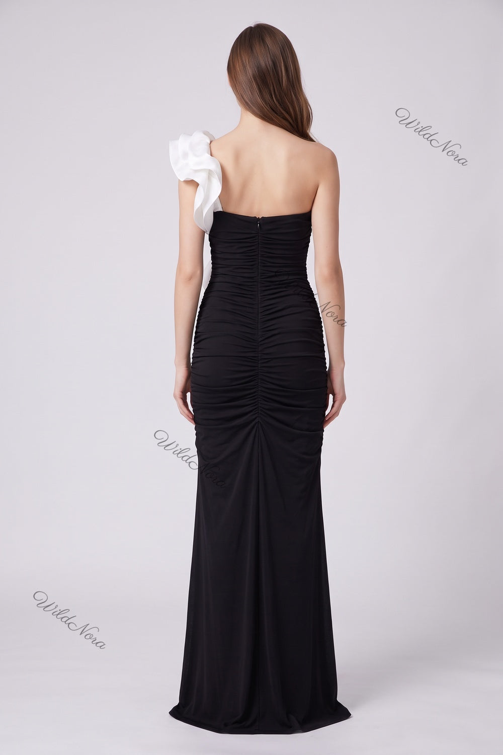 Black Synthetic Stretch Jersey Column Evening Gown with White Ruffle Trim black synthetic stretch jersey evening gown - product view 3