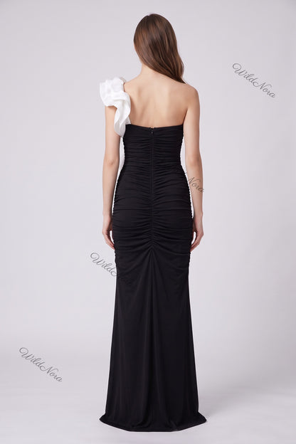 Black Synthetic Stretch Jersey Column Evening Gown with White Ruffle Trim black synthetic stretch jersey evening gown - product view 3