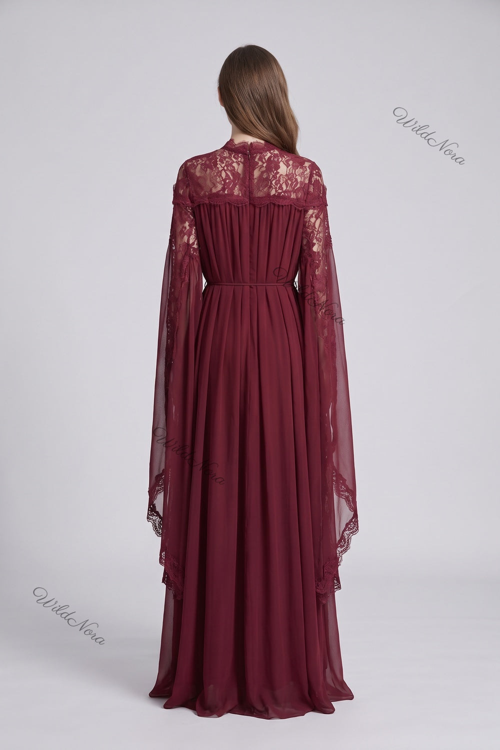 Burgundy Chiffon Cape Sleeve Maxi Dress with Floral Lace Yoke Burgundy Chiffon Maxi dress with cape overlay - product view 3