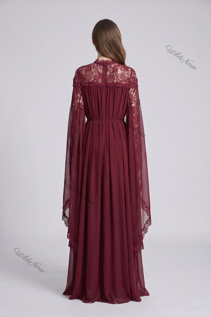 Burgundy Chiffon Cape Sleeve Maxi Dress with Floral Lace Yoke Burgundy Chiffon Maxi dress with cape overlay - product view 3