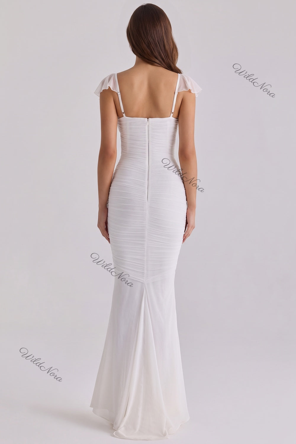 WildNora White Mermaid Ruched Mesh Gown white mesh gown - product view 3