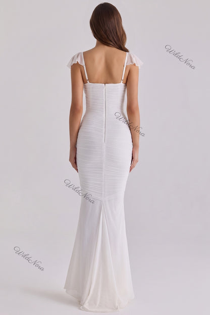 WildNora White Mermaid Ruched Mesh Gown white mesh gown - product view 3