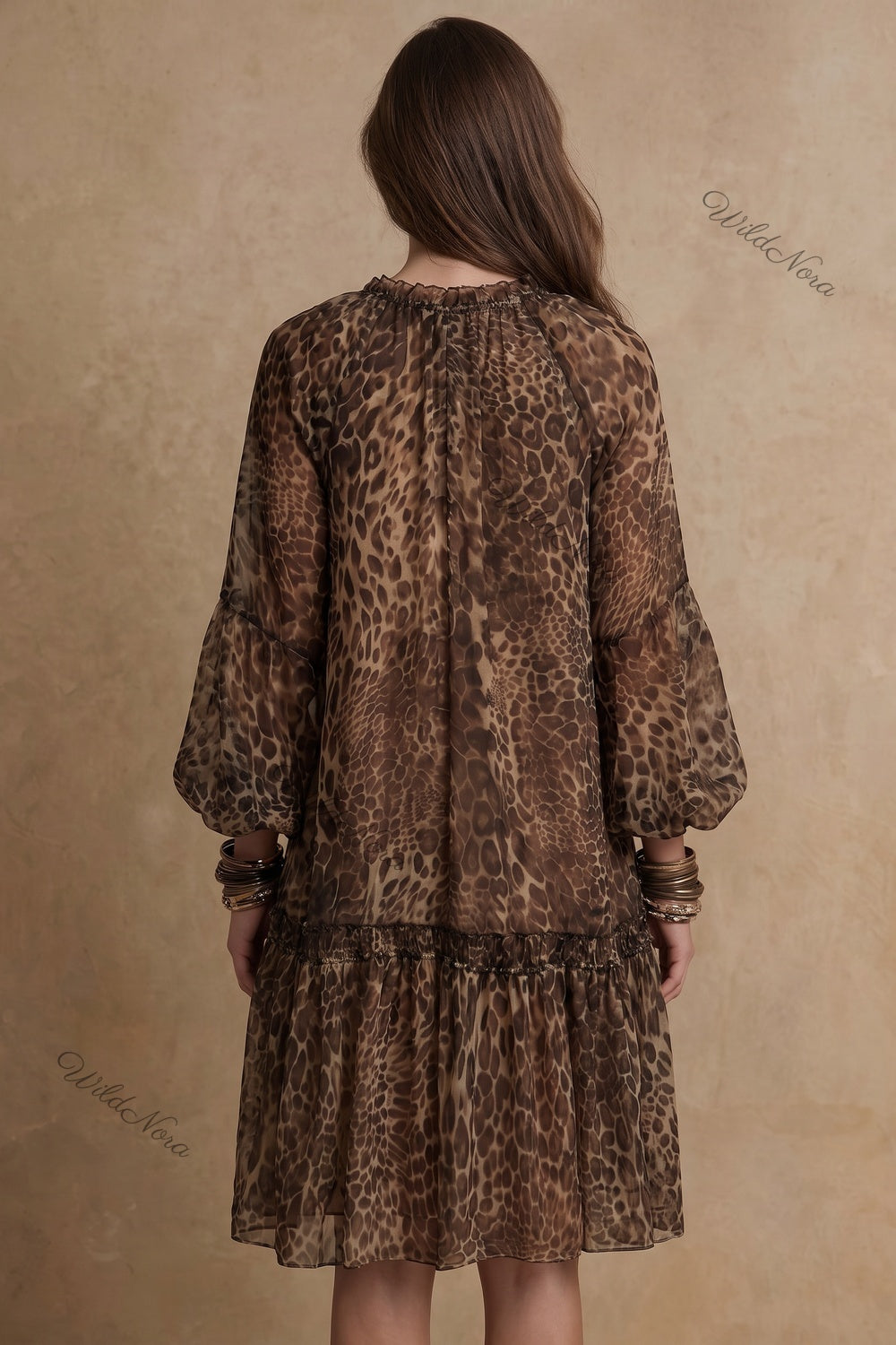 Brown Leopard Print Chiffon A-Line Tiered Dress brown, tan, black chiffon dress - product view 3