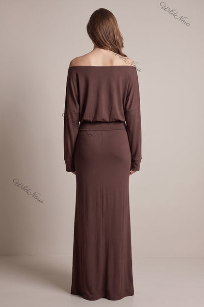 Chocolate Brown Jersey Knit Blouson Maxi Dress chocolate brown jersey knit maxi dress - product view 3