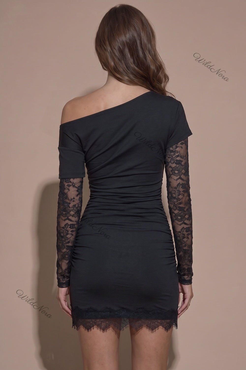 Black Asymmetrical Bodycon Mini Dress with Lace Sleeves black stretch knit jersey dress - product view 3