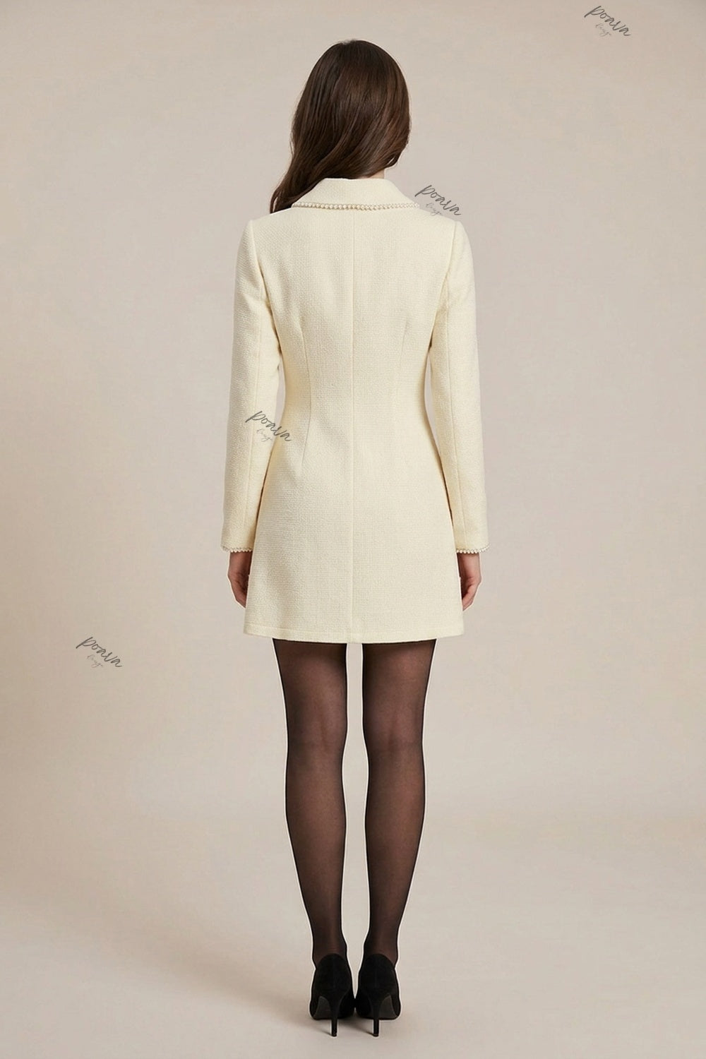 Cream Textured Woven Bouclé A-Line Mini Dress cream textured woven bouclé or heavy crepe dress - product view 3