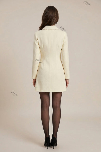Cream Textured Woven Bouclé A-Line Mini Dress cream textured woven bouclé or heavy crepe dress - product view 3