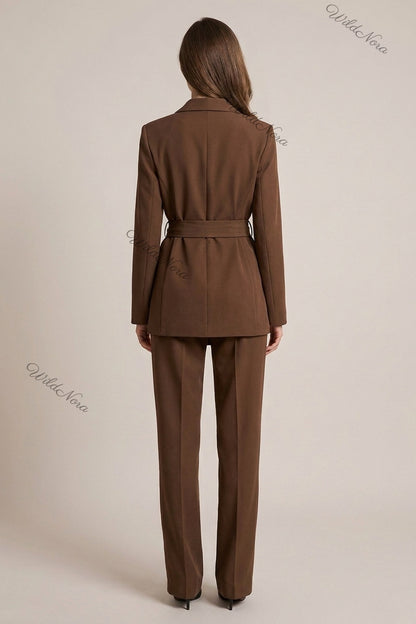 Medium Brown Mid-Weight Woven Two-Piece Pantsuit with Wrap-Front Blazer & Straight-Leg Trousers medium brown mid-weight woven suiting two-piece pantsuit - product view 3