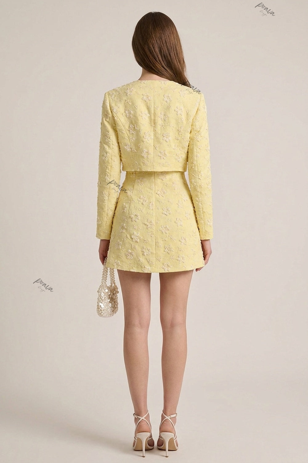 Pale Yellow Floral Appliqué Two-Piece Set Pale yellow Textured jacquard or embroidered organza overlay Two-piece set (cropped jacket and matching mini dress) - product view 3