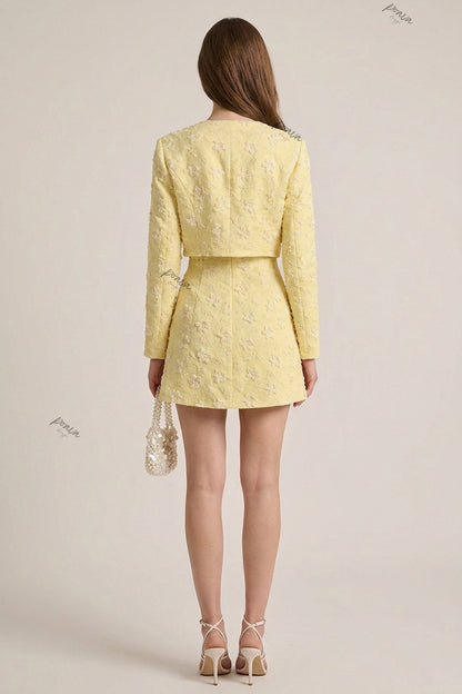 Pale Yellow Floral Appliqué Two-Piece Set Pale yellow Textured jacquard or embroidered organza overlay Two-piece set (cropped jacket and matching mini dress) - product view 3