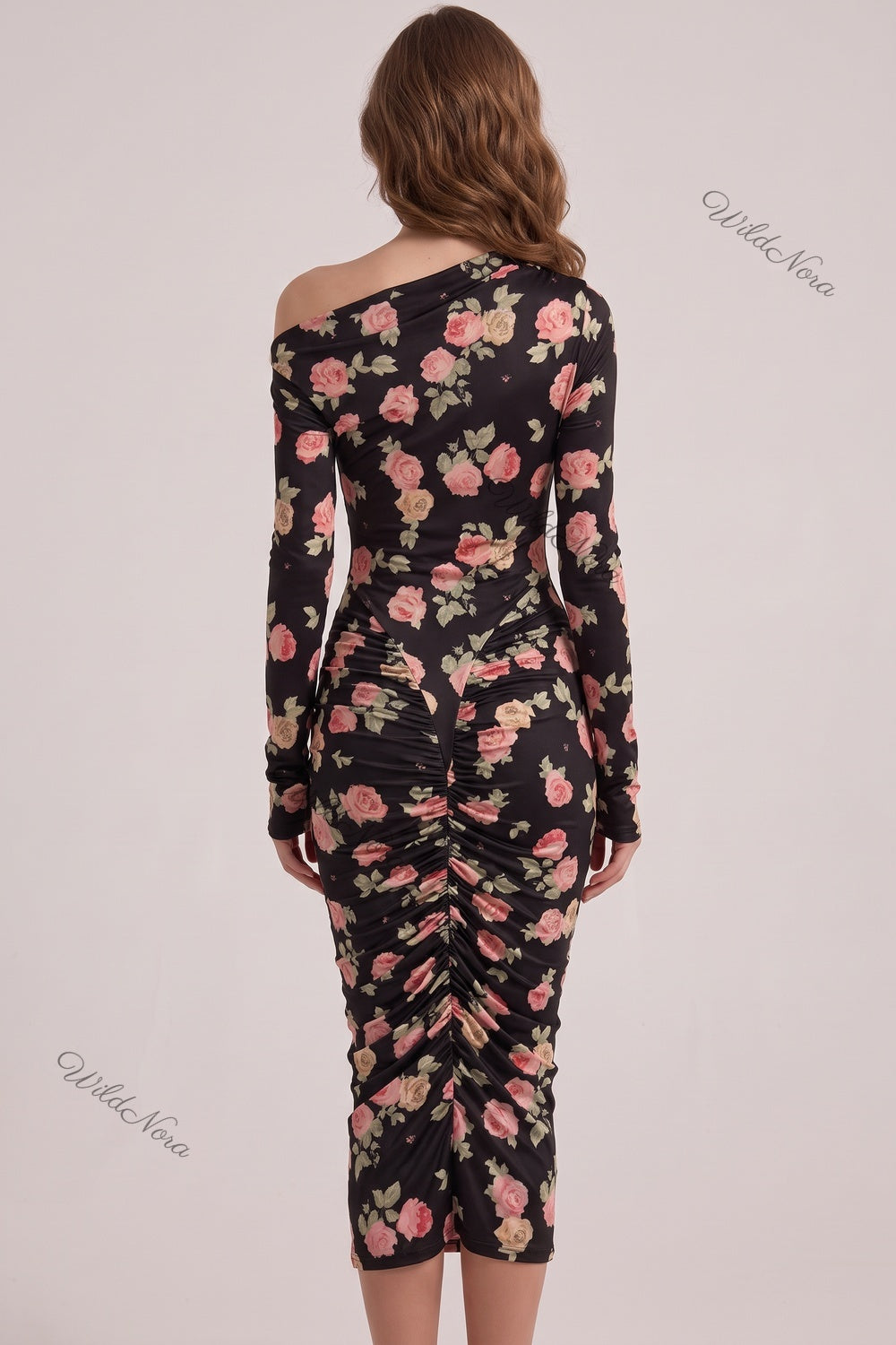 Black Floral Bodycon Midi Dress with Asymmetrical Off-the-Shoulder black stretch knit dress - product view 3